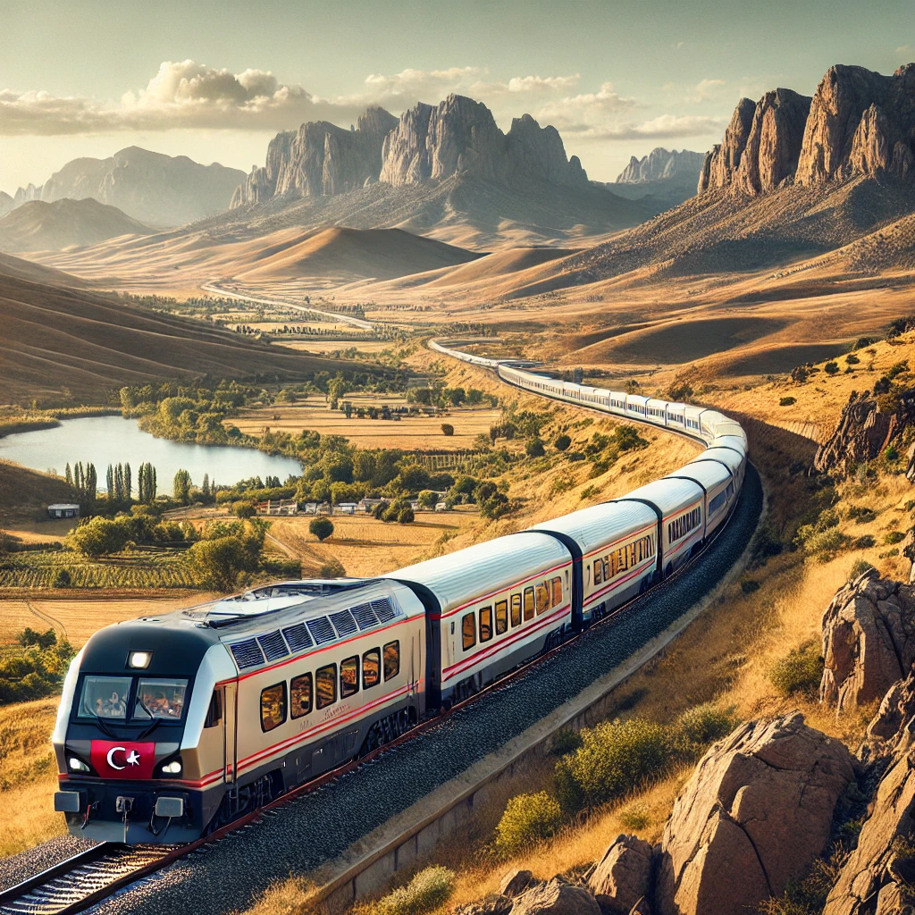 Sightseeing train traveling through picturesque landscapes of Turkey with mountains and rolling hills.