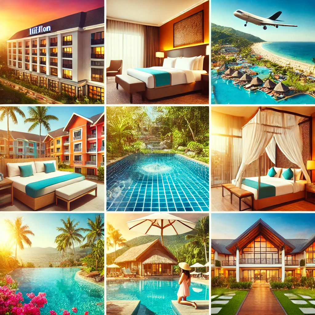 A vibrant collage showcasing various types of accommodations including a luxury Hilton hotel, a cozy room at a Holiday Inn, a picturesque villa with a private pool, and a family enjoying an all-inclusive resort. The image represents the diverse range of accommodation options available for travelers.