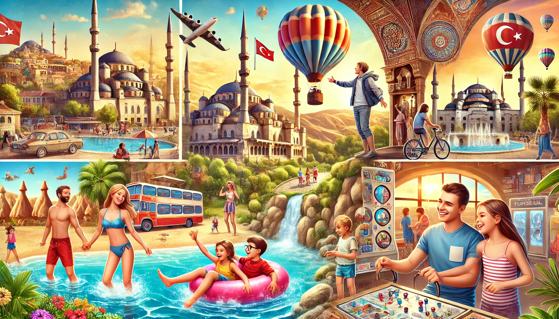 A family enjoying a vacation in Turkey, with children exploring ancient ruins, playing on a sandy beach, and taking a hot air balloon ride over Cappadocia. Vibrant scenes of the Istanbul Aquarium, a water park, and kids engaging with interactive exhibits at a museum. Iconic Turkish landmarks like the Blue Mosque and fairy chimneys are in the background.