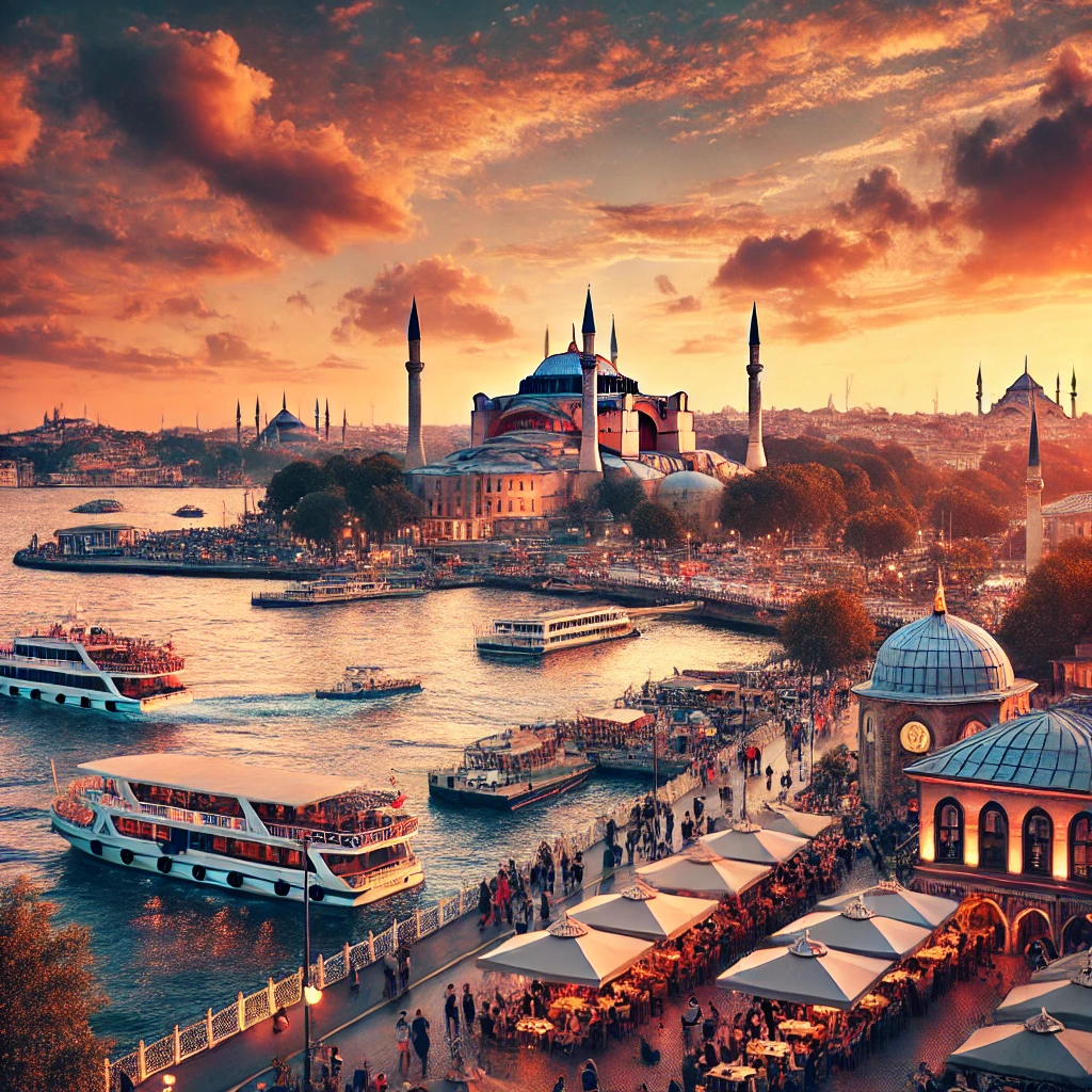 A scenic view of Istanbul at sunset, with the city skyline including famous landmarks such as the Hagia Sophia and the Blue Mosque. The Bosphorus Strait is visible with boats cruising. The sky is a blend of orange and pink hues, reflecting on the water. People are enjoying the evening, walking along the waterfront and sitting at outdoor cafes. The image captures the vibrant atmosphere and beauty of Turkey at this time of day.