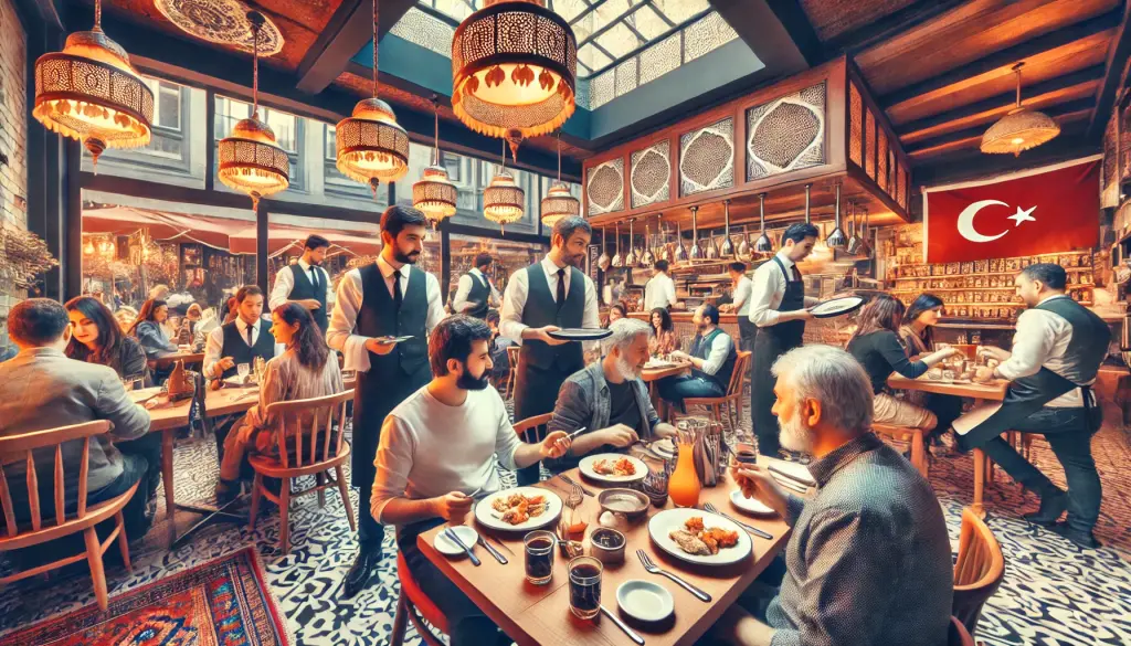 A busy restaurant scene in Istanbul with waitstaff serving customers at their tables. The image captures a vibrant atmosphere, with people enjoying their meals and interacting with staff. In the background, traditional Turkish decor and a bustling kitchen are visible, showcasing a mix of locals and tourists.