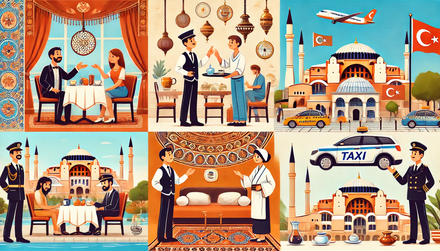 Tourist tipping a waiter at a restaurant, a bellboy at a hotel, a taxi driver, and a spa therapist in Turkey with traditional decor and a view of the Hagia Sophia in the background.