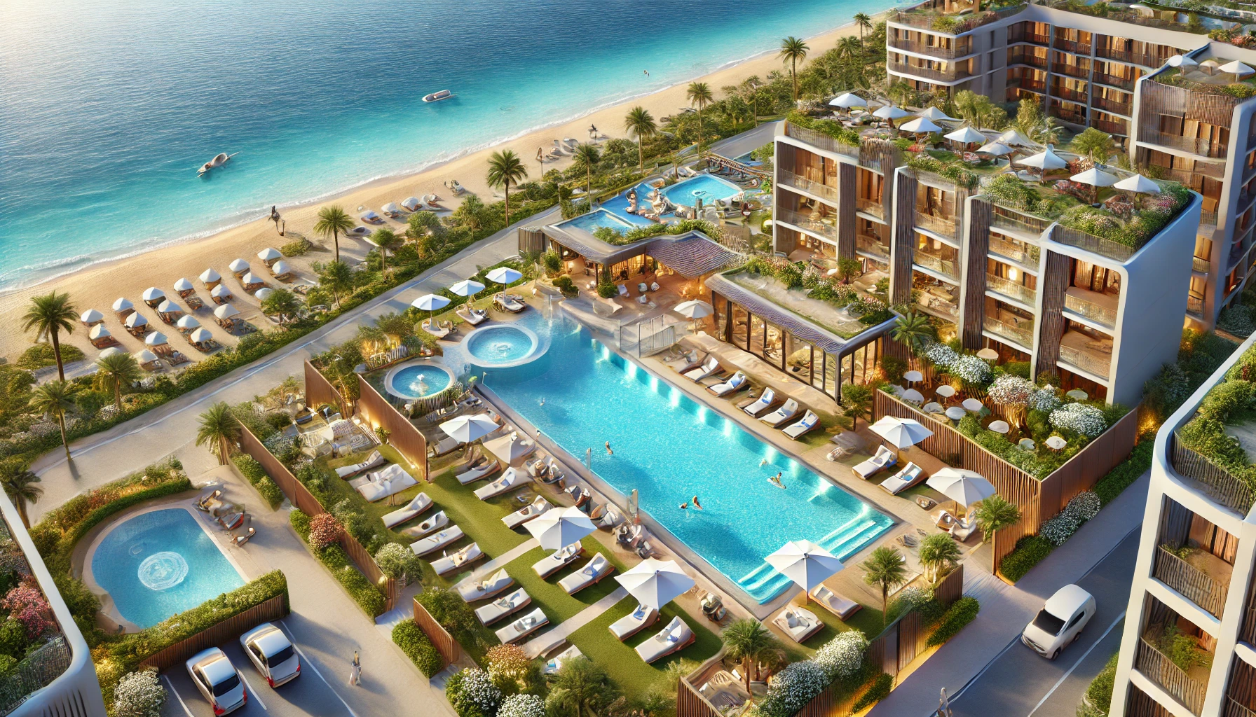 A luxurious beachfront resort in Turkey featuring modern architecture, a large swimming pool, private beach access, and lush gardens.