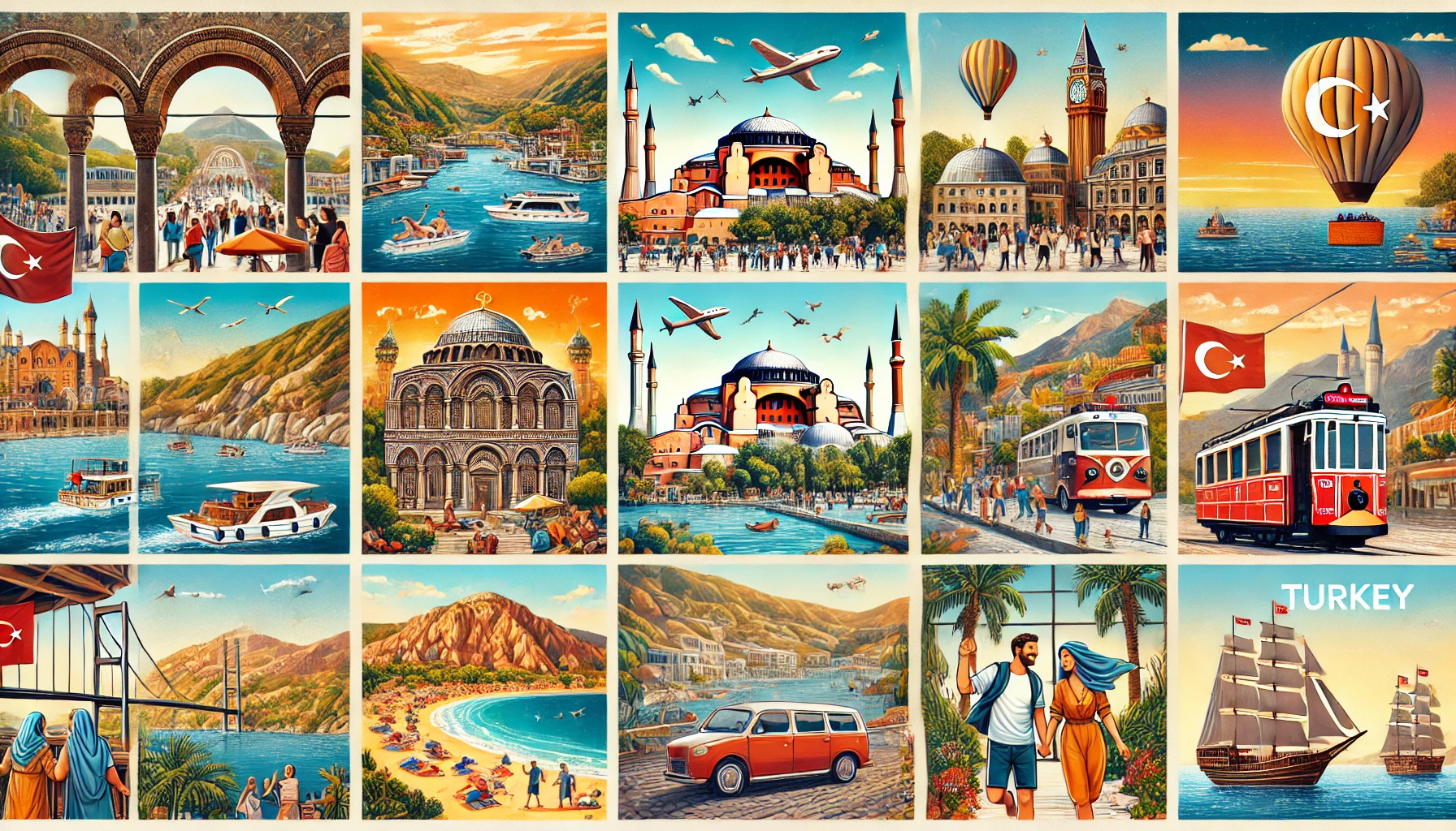 Collage showcasing various things to do in Turkey, including iconic attractions, beautiful beaches, scenic road trips, family activities, and cultural events.