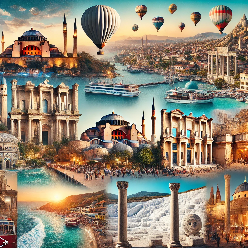 A collage of Turkey's top tourism destinations. The image features iconic landmarks such as the Hagia Sophia and Blue Mosque in Istanbul, hot air balloons over the fairy chimneys of Cappadocia, the ancient ruins of Ephesus, the white terraces of Pamukkale, the beaches of Antalya, the Bodrum Castle, giant statues of Mount Nemrut, the Sumela Monastery in Trabzon, Gallipoli Peninsula, and Anitkabir in Ankara. The collage captures the diverse beauty and cultural richness of Turkey.