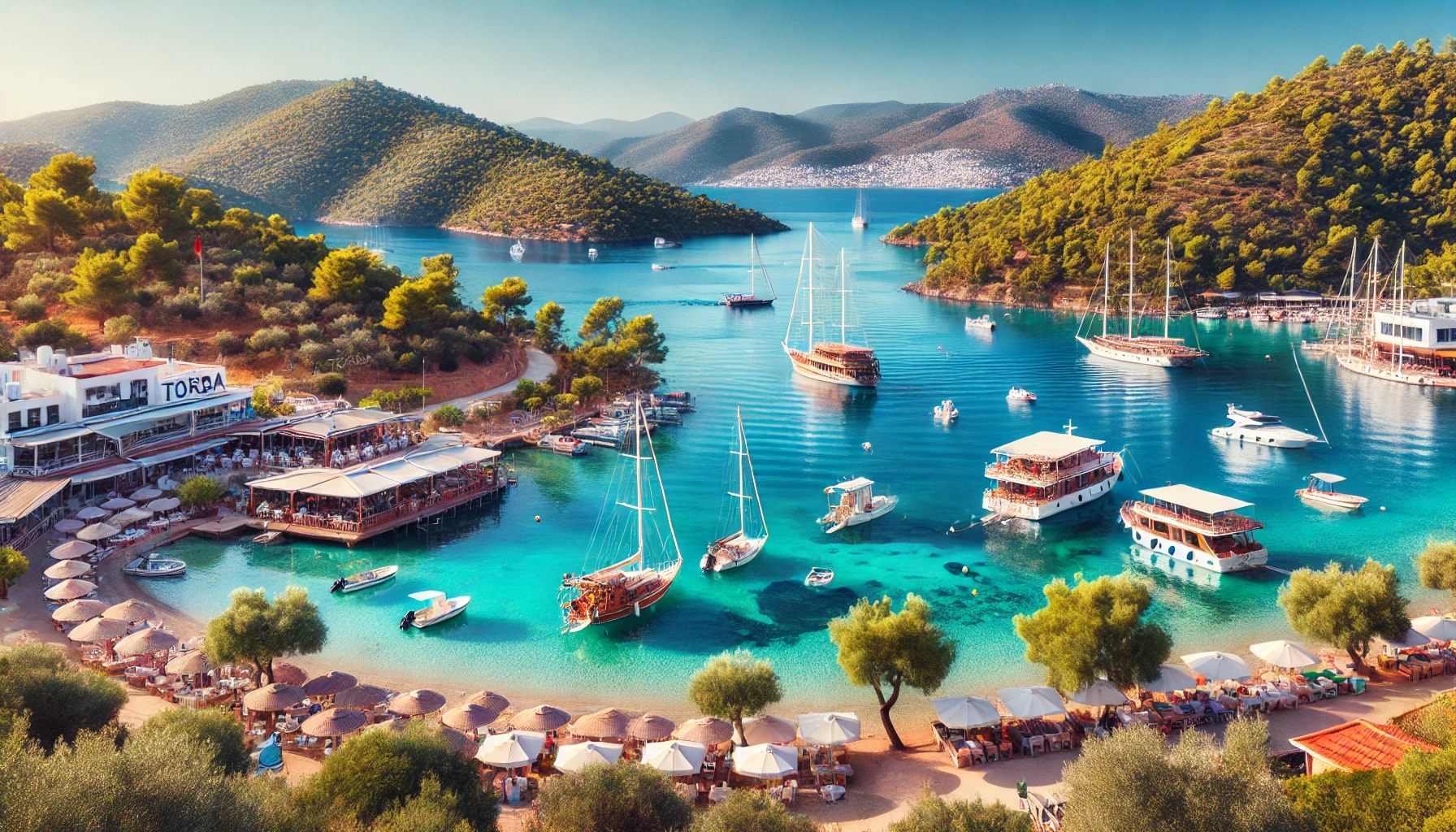 Picturesque view of Torba, Bodrum, Turkey with serene Torba Bay, boats, olive groves, and pine forests.