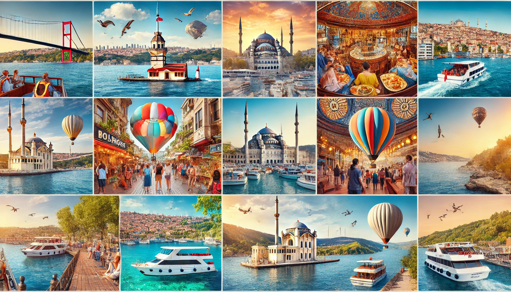 Collage showcasing various tours and activities in Istanbul, Turkey, including a Galata tour, Bosphorus cruise, hot air balloon ride, visit to Princess Island, and a Cappadocia tour from Istanbul.