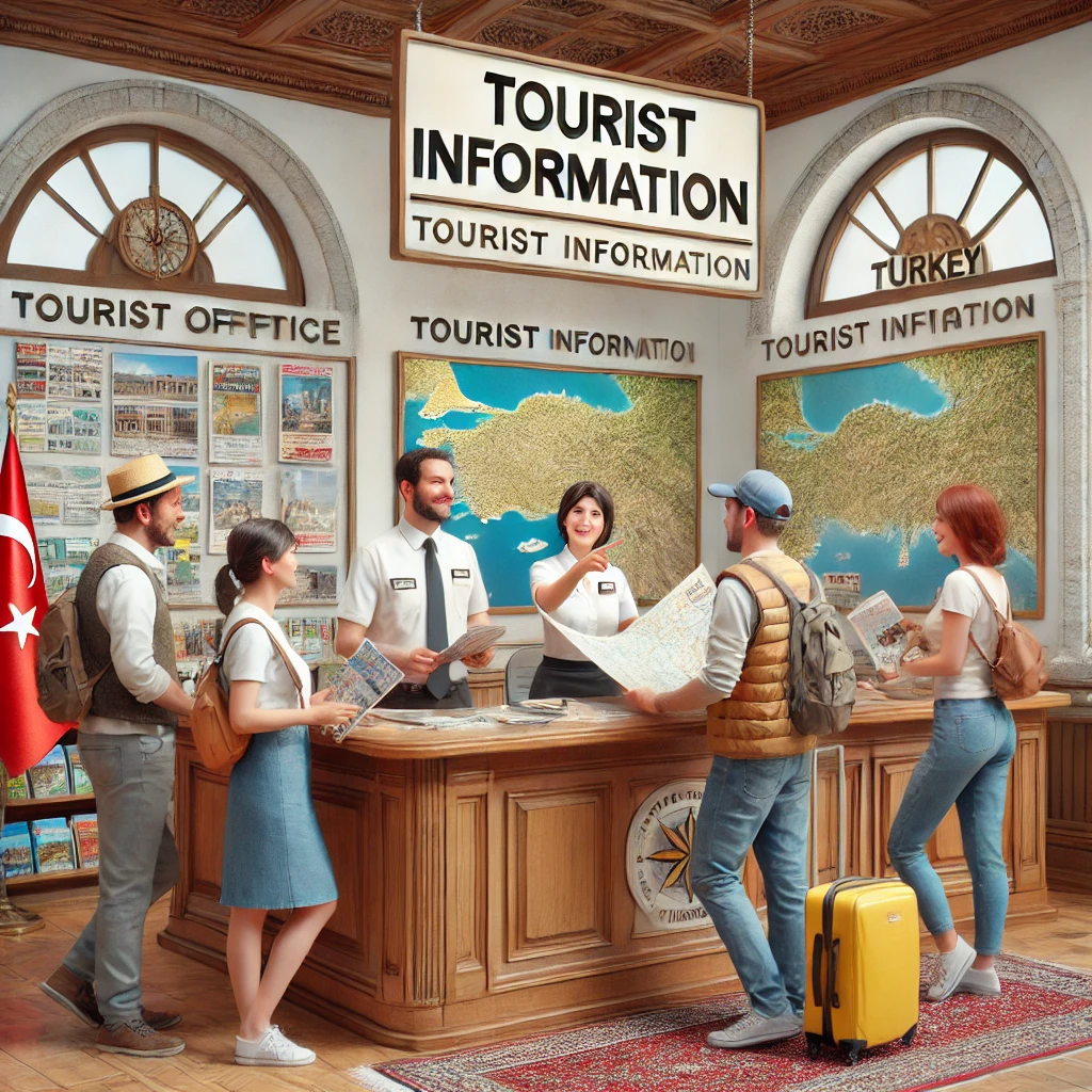 Tourist office in Turkey with friendly staff assisting travelers, providing maps and brochures.