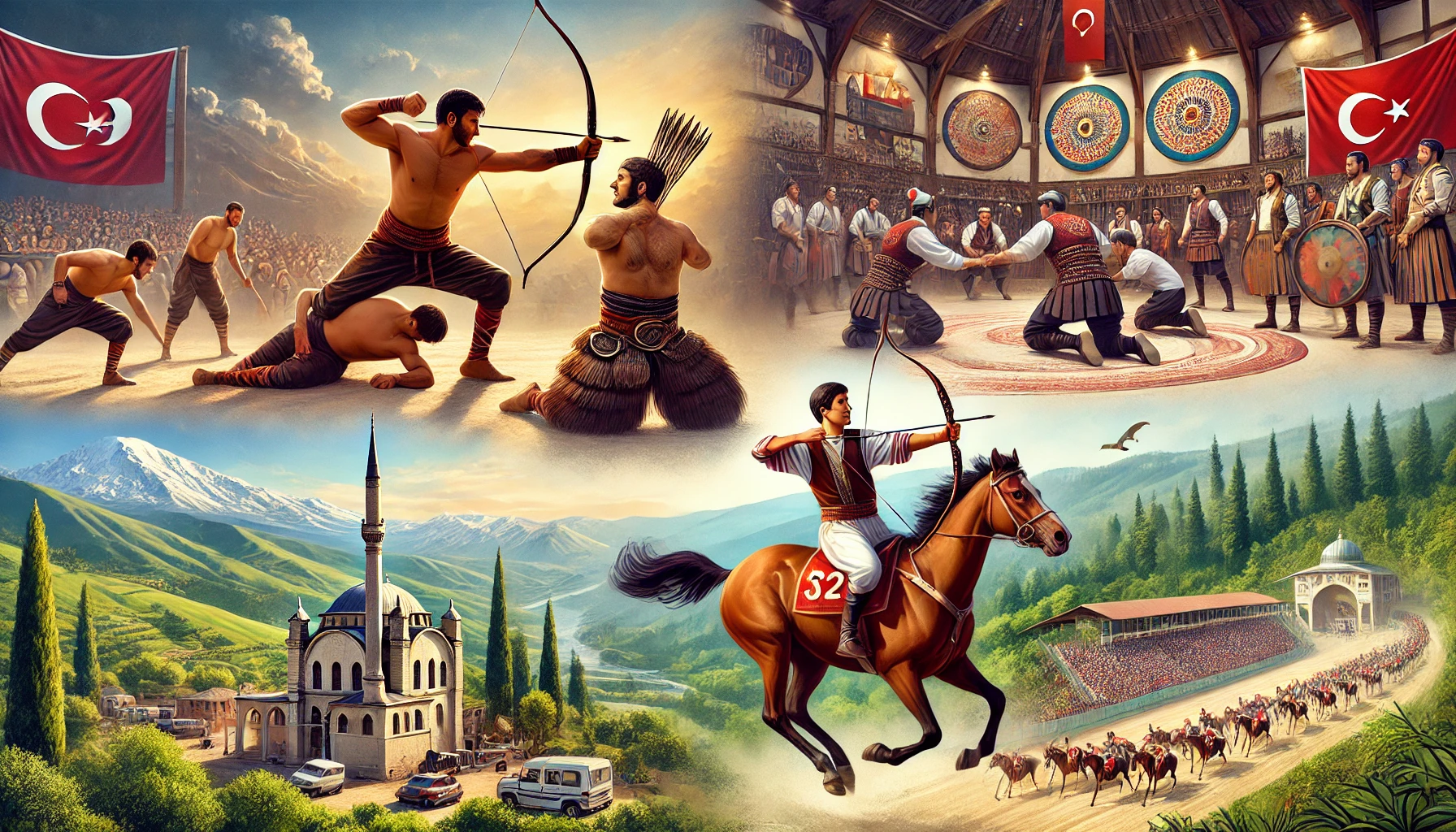 A captivating image showcasing traditional Turkish sports, including wrestlers in the Kırkpınar Oil Wrestling Festival, archers practicing traditional Turkish archery, and a jockey riding in the Gazi Race. The background features the stunning landscapes of Turkey with lush greenery and historical architecture.