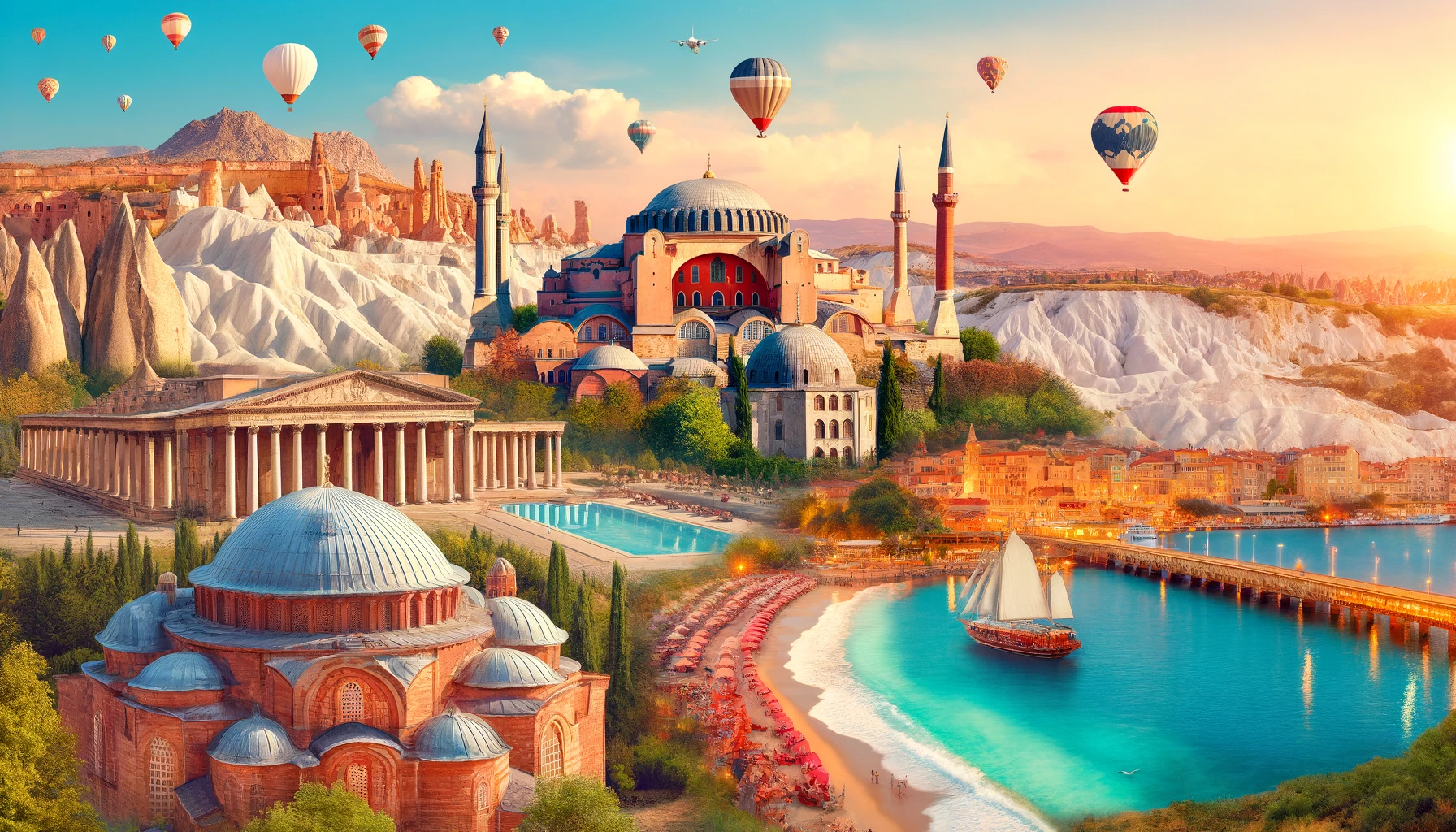 Picturesque view of Turkey's diverse attractions including Hagia Sophia, Cappadocia, Pamukkale, and the Turquoise Coast