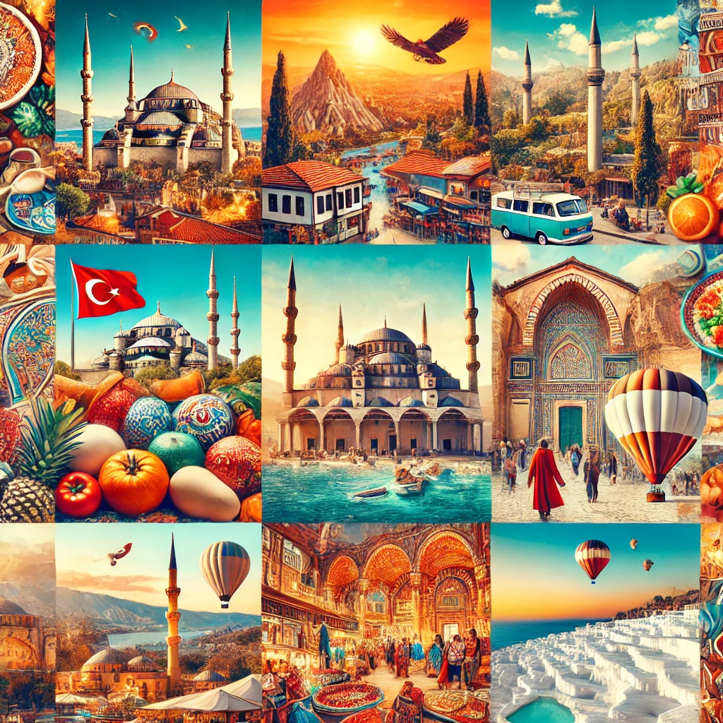 A vibrant collage showcasing various aspects of Turkish travel, including famous landmarks like the Blue Mosque in Istanbul, the fairy chimneys of Cappadocia, the white terraces of Pamukkale, and the beaches of Antalya, along with traditional Turkish cuisine, cultural festivals, and bustling markets.