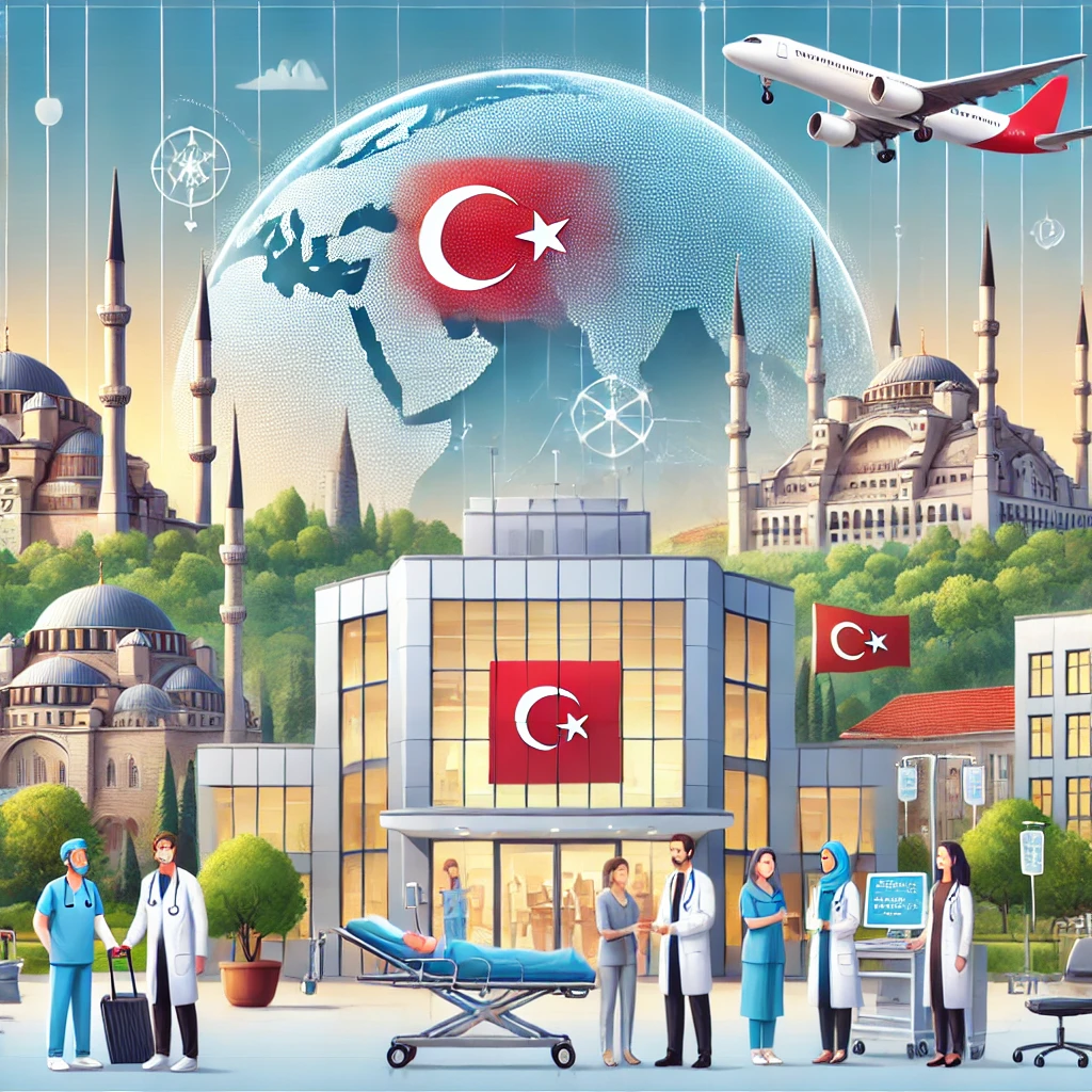 A modern hospital in Turkey with advanced medical facilities, international patients receiving treatment, and a team of doctors and nurses, with scenic Turkish landscapes and cultural landmarks in the background.