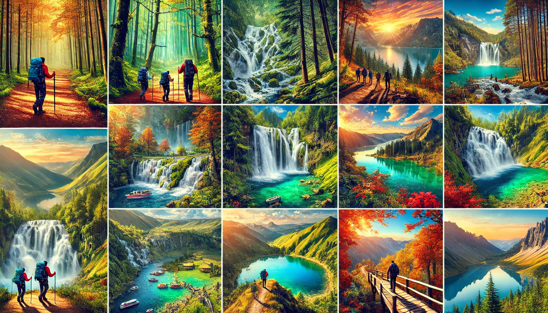 A vibrant scene showcasing trekking in Turkey, featuring hikers on trails in locations such as Belgrad Forest, Sudüsen Waterfall, Erikli Highlands, Cenedağ Tepe Mountain, and Seven Lakes, with beautiful natural landscapes including lush forests, waterfalls, highlands, and serene lakes.