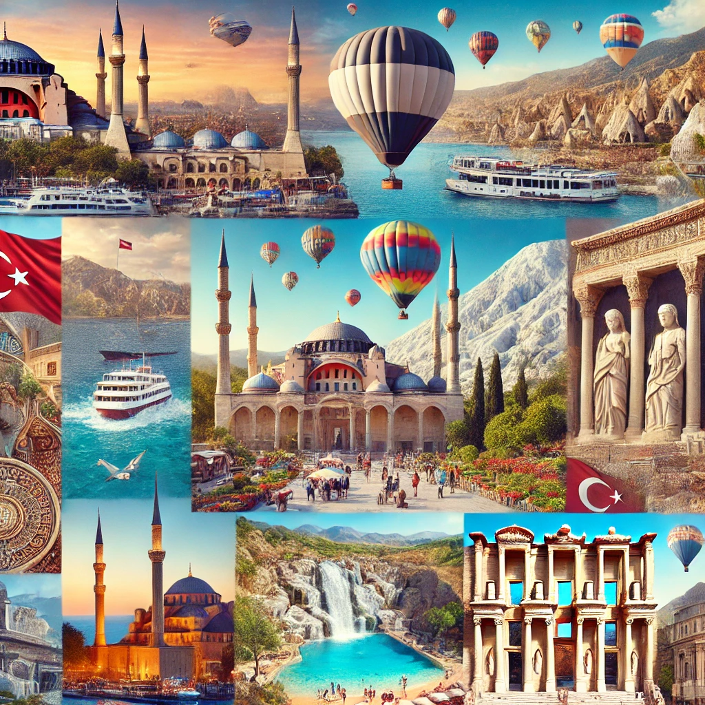 A collage of Turkey's top tourism destinations, featuring iconic landmarks such as the Hagia Sophia and Blue Mosque in Istanbul, hot air balloons over the fairy chimneys of Cappadocia, the ancient ruins of Ephesus, the white terraces of Pamukkale, the beaches of Antalya, the Bodrum Castle, giant statues of Mount Nemrut, the Sumela Monastery in Trabzon, Gallipoli Peninsula, and Anitkabir in Ankara. The collage captures the diverse beauty and cultural richness of Turkey.