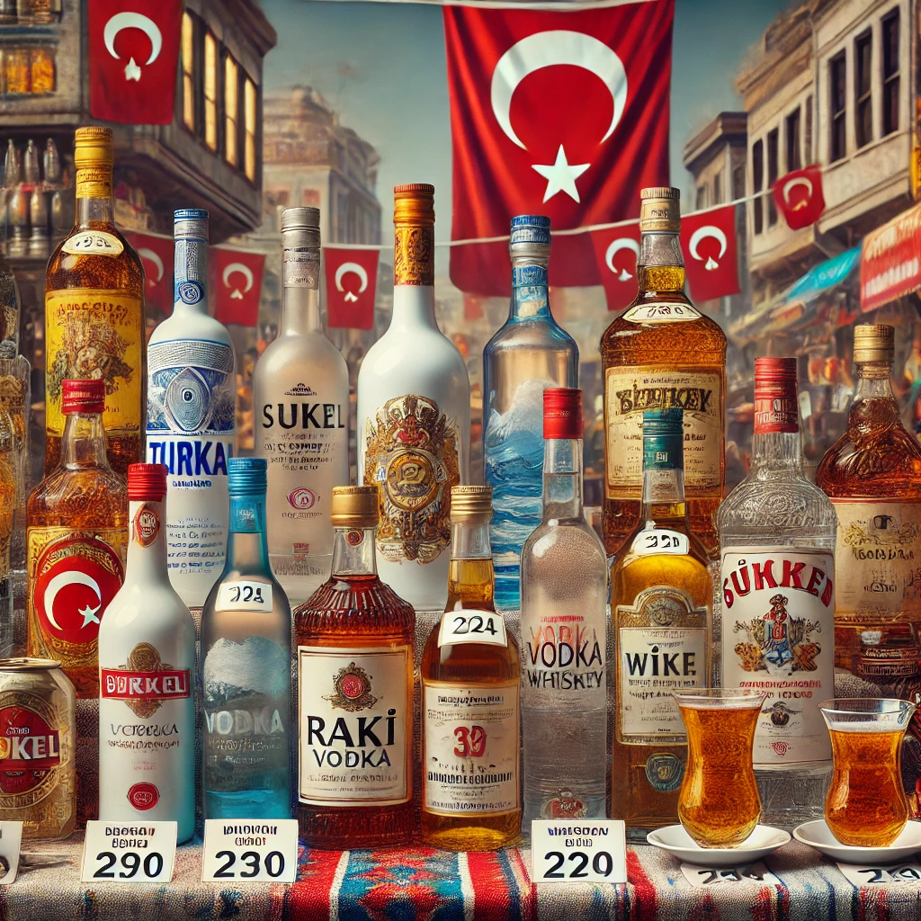 A variety of alcoholic beverages displayed on a table, including bottles of Turkish rakı, vodka, whiskey, wine, and beer, each with visible price tags reflecting the 2024 prices in Turkey. The background features traditional Turkish elements such as a Turkish flag, a tea set, and a vibrant street scene, showcasing Turkish culture and hospitality.