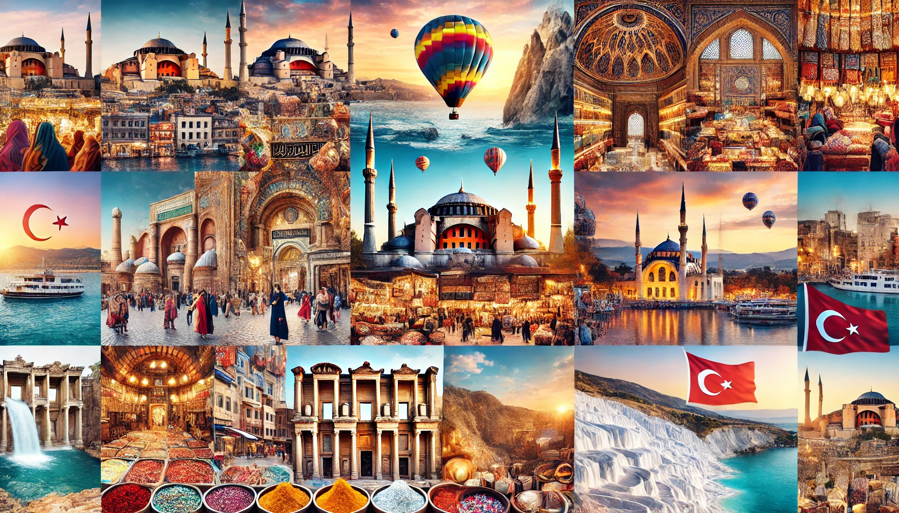 A collage showcasing the diverse attractions of Turkey, including the Hagia Sophia and Blue Mosque in Istanbul, the unique rock formations of Cappadocia with hot air balloons, the white travertine terraces of Pamukkale, a bustling bazaar with colorful spices and textiles, and a beautiful Mediterranean beach. The image captures the rich history, culture, and natural beauty of Turkey.