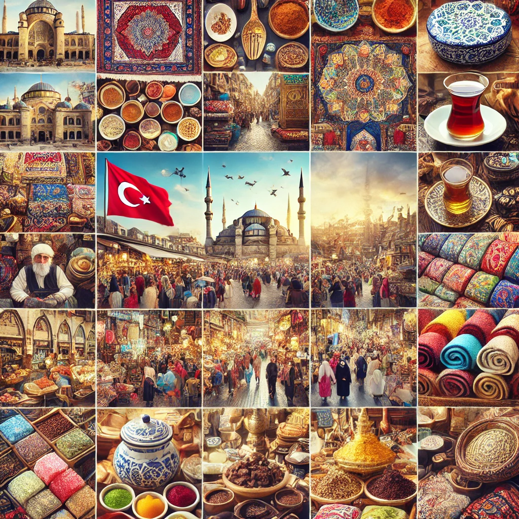 A vibrant collage showcasing various Turkish shopping experiences. The collage includes images of traditional Turkish carpets, kilims, Turkish delight, tea, coffee, olive oil, ceramics, textiles, leather goods, jewelry, spices, and bustling markets like the Grand Bazaar and Spice Bazaar in Istanbul, capturing the rich cultural heritage and colorful atmosphere of Turkey's shopping destinations.