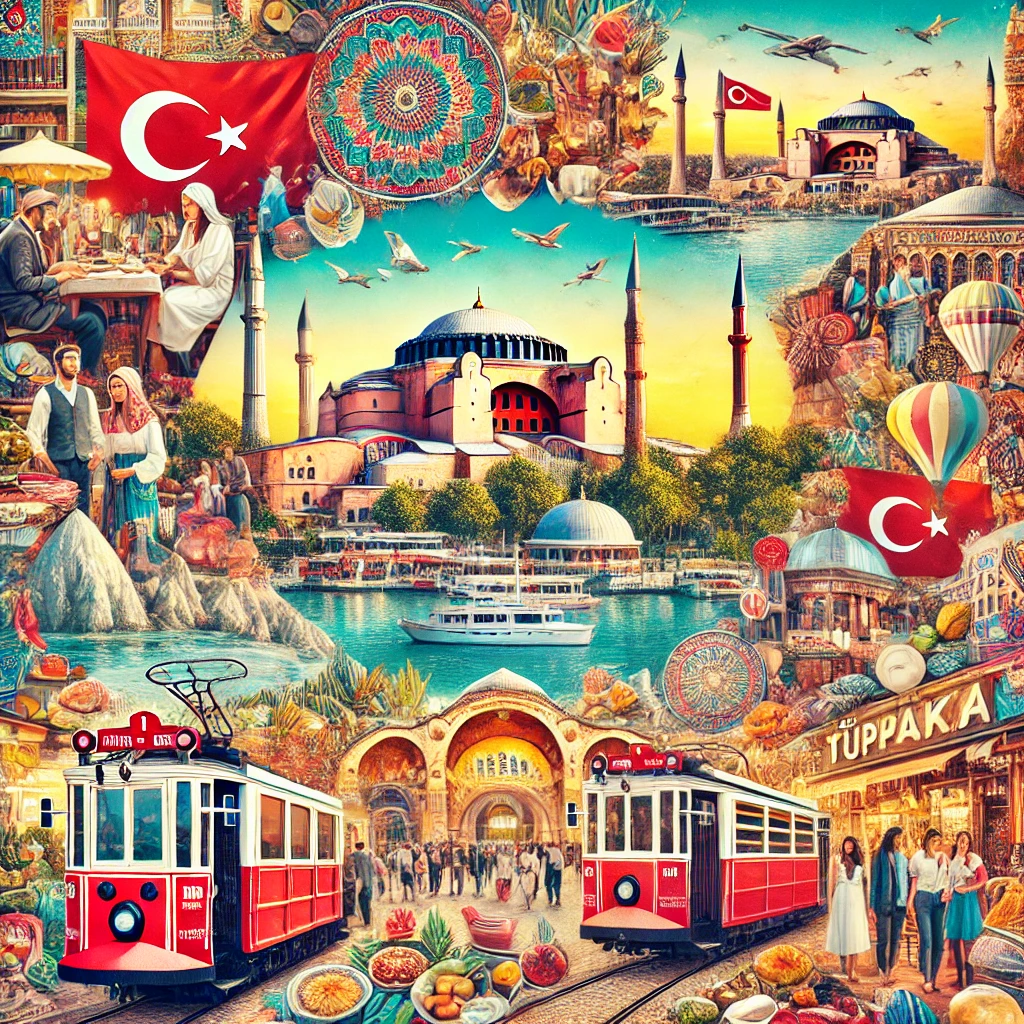 A vibrant collage showcasing various aspects of Turkish culture and travel. The collage includes images of traditional Turkish hospitality with people enjoying a meal, iconic landmarks like Hagia Sophia and Cappadocia's fairy chimneys, people shopping in bustling bazaars, public transportation like trams in Istanbul, and beautiful natural landscapes such as beaches and mountains. The background has subtle elements of Turkish flag colors