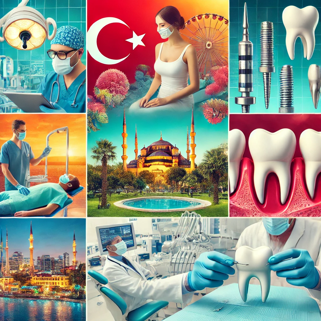 A vibrant collage showcasing various aspects of dental treatment and health tourism in Turkey, including modern dental clinics, skilled dental professionals, dental implants, and a recovery area with beautiful Turkish landscapes in the background.