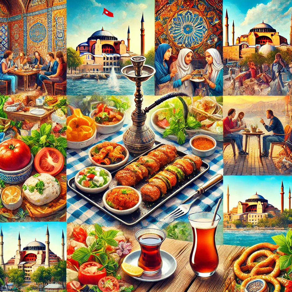 A vibrant collage showcasing various aspects of Turkish culture including a table with traditional Turkish dishes like kebabs, meze, and baklava, a cup of Turkish tea and coffee, people enjoying nargile (hookah) in a cozy cafe, and a backdrop of famous Turkish landmarks like Hagia Sophia and the Blue Mosque. The image captures the essence of Turkey's rich culinary traditions and cultural experiences.