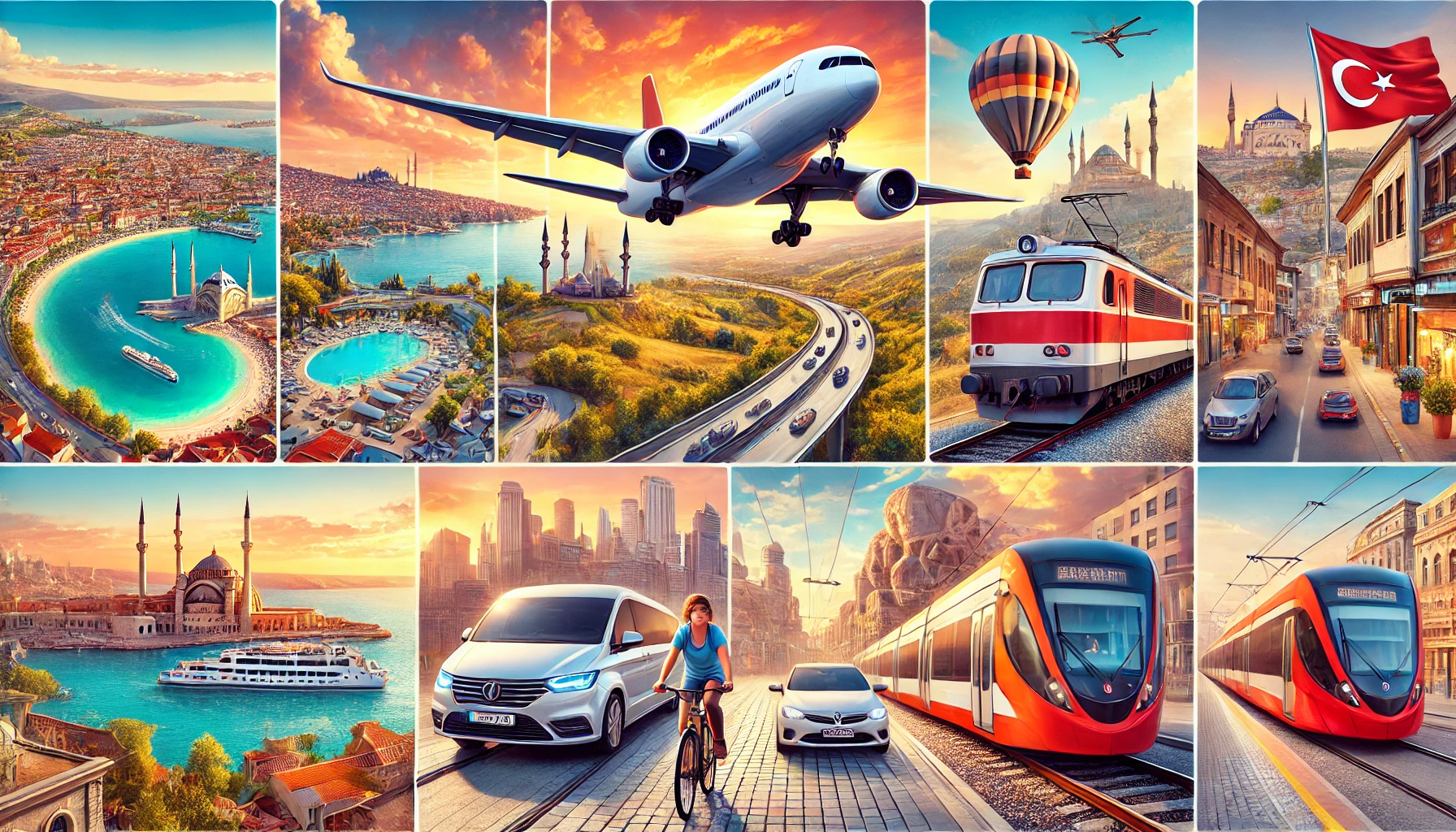 A vibrant collage showcasing various modes of transportation in Turkey, including an airplane, high-speed train, long-distance bus, car on a coastal road, ferry on the Bosphorus, cyclist in Cappadocia, and Istanbul's public transportation options.