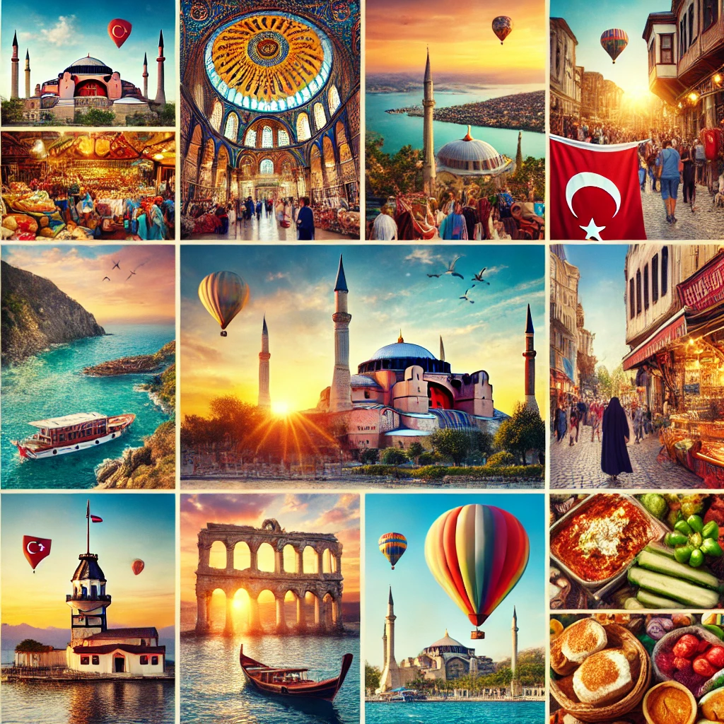 A vibrant collage showcasing various aspects of Turkey, including landmarks like Hagia Sophia, hot air balloons over Cappadocia, a bustling Istanbul market, scenic coastal views, traditional Turkish food, and ancient ruins like Ephesus.