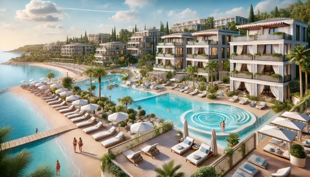 Luxurious beach resort in Turkey with a private beach, infinity pool, and elegant architecture.