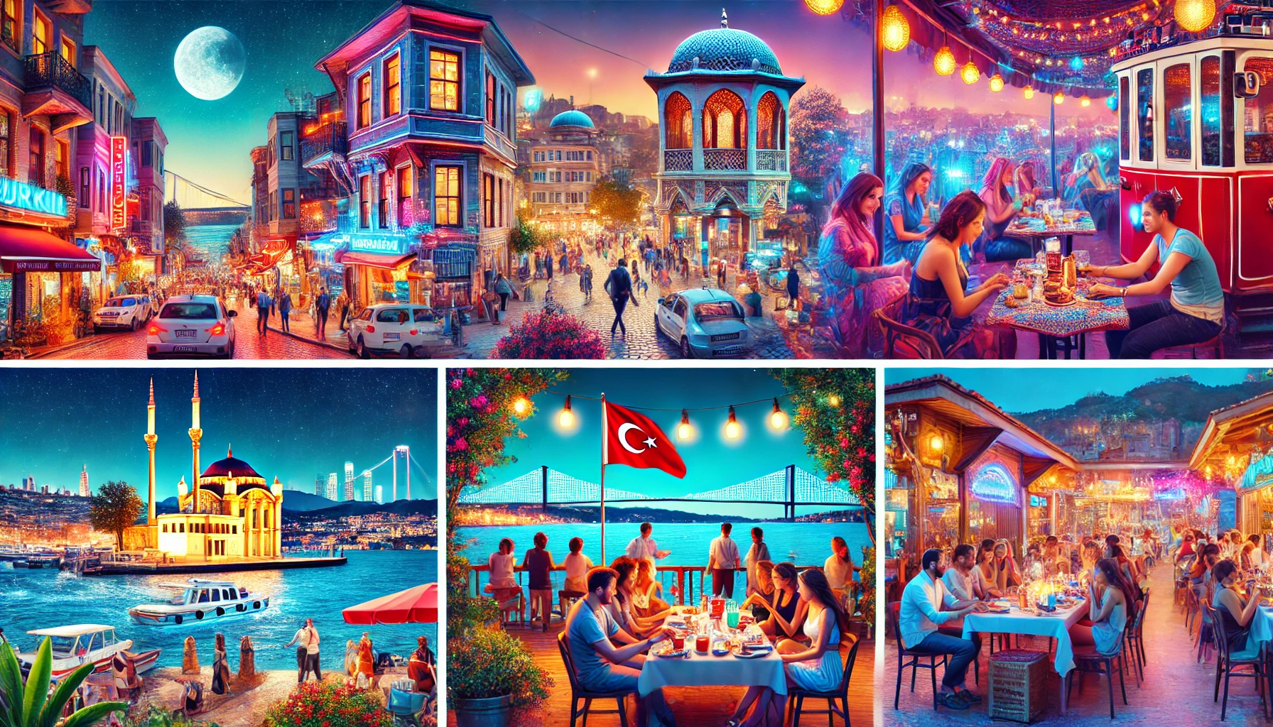 Vibrant nighttime scene showcasing Turkey's nightlife with bustling streets, lively bars, and illuminated landmarks.