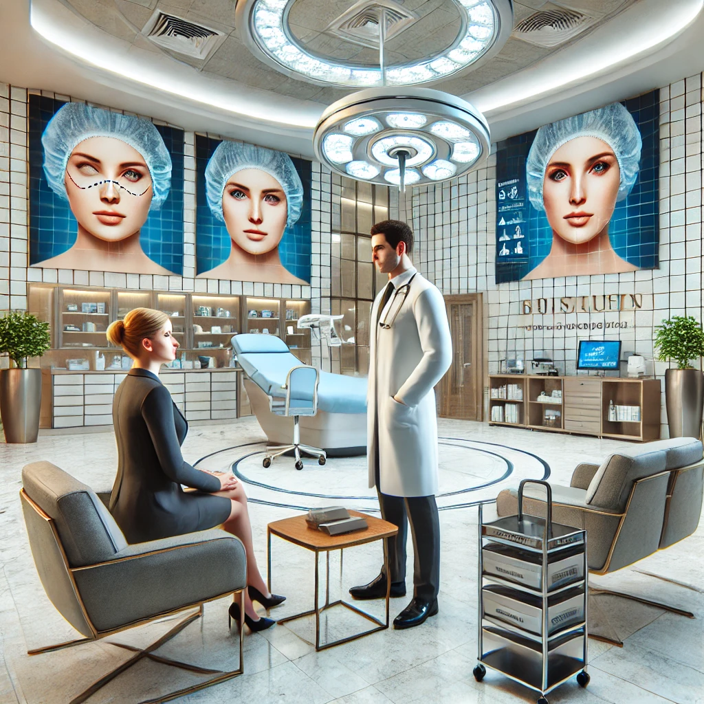 Modern medical facility in Turkey with a patient consulting a surgeon for rhinoplasty.