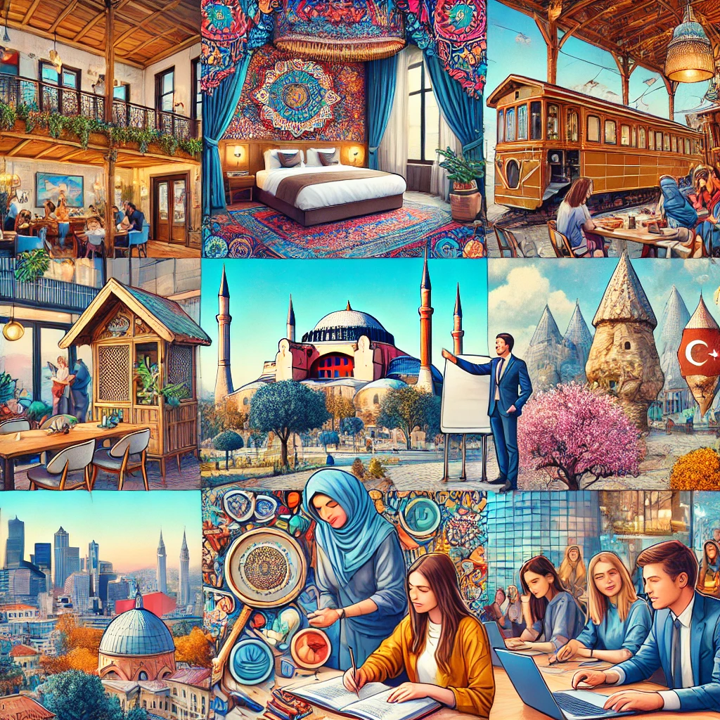 A vibrant collage showcasing various aspects of staying, learning, and working in Turkey. The image includes a luxury hotel lobby, a cozy boutique hotel room, a traditional treehouse accommodation, a classroom with students learning Turkish, a university campus with modern buildings, a coworking space with people working on laptops, a person teaching English to a group of students, and a bustling Turkish market. The background features iconic Turkish landmarks such as the Hagia Sophia and Cappadocia's fairy chimneys.