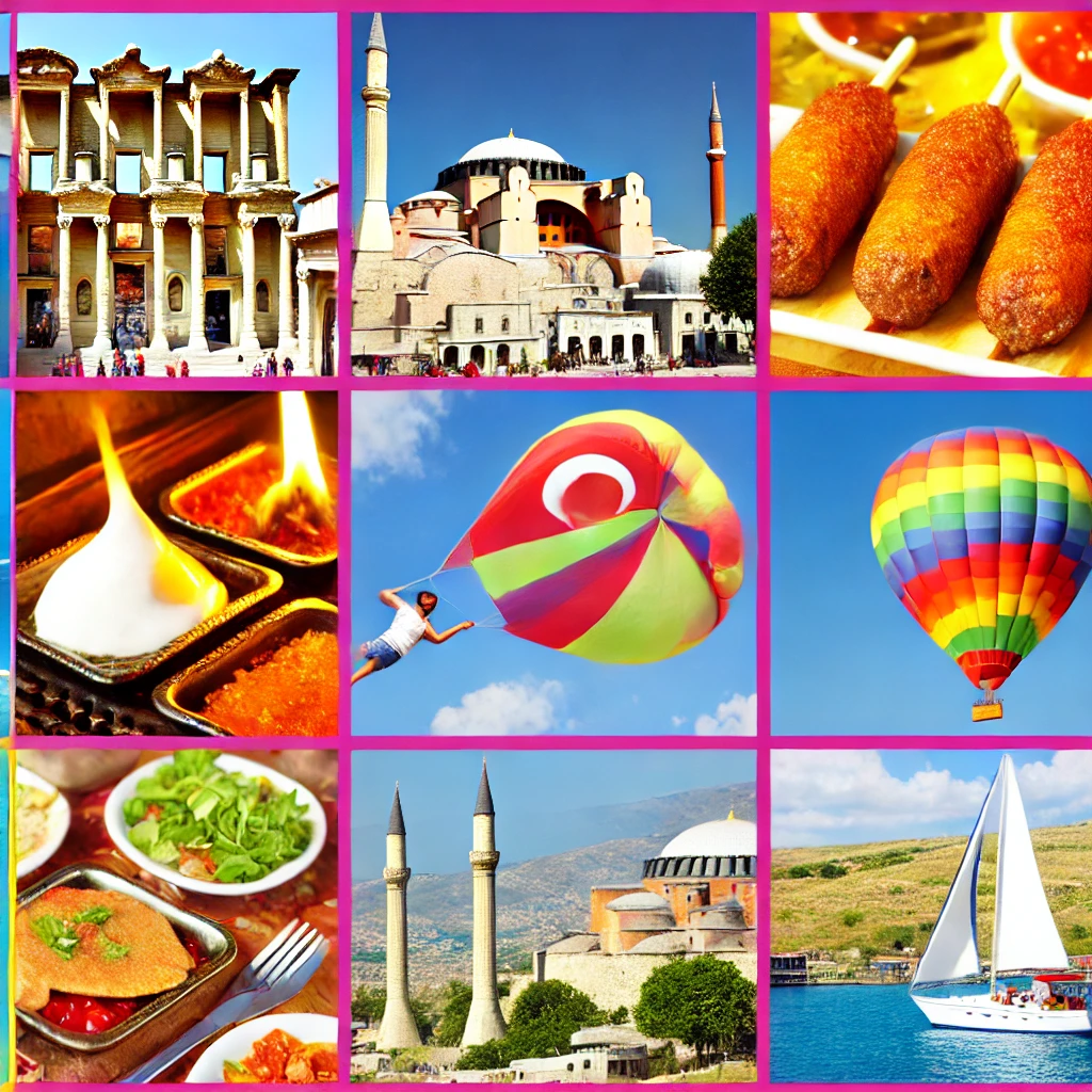 A vibrant collage showcasing various attractions and activities in Turkey, including historical sites like Hagia Sophia and Cappadocia's fairy chimneys, Turkish cuisine such as kebabs and baklava, a traditional Turkish bath, and outdoor activities like hot air ballooning and sailing. The collage reflects the cultural richness and diverse experiences Turkey offers to travelers.