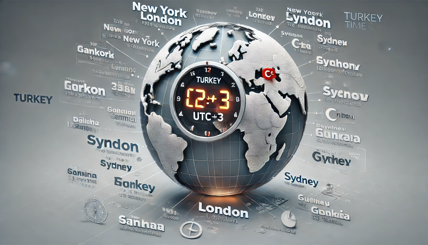 A world clock display showing Turkey time (UTC+3) in comparison to major global cities like New York, London, and Sydney. The image includes a digital clock and a map of Turkey with highlighted cities. The design is modern and clean, suitable for illustrating time differences and the Turkey time zone.