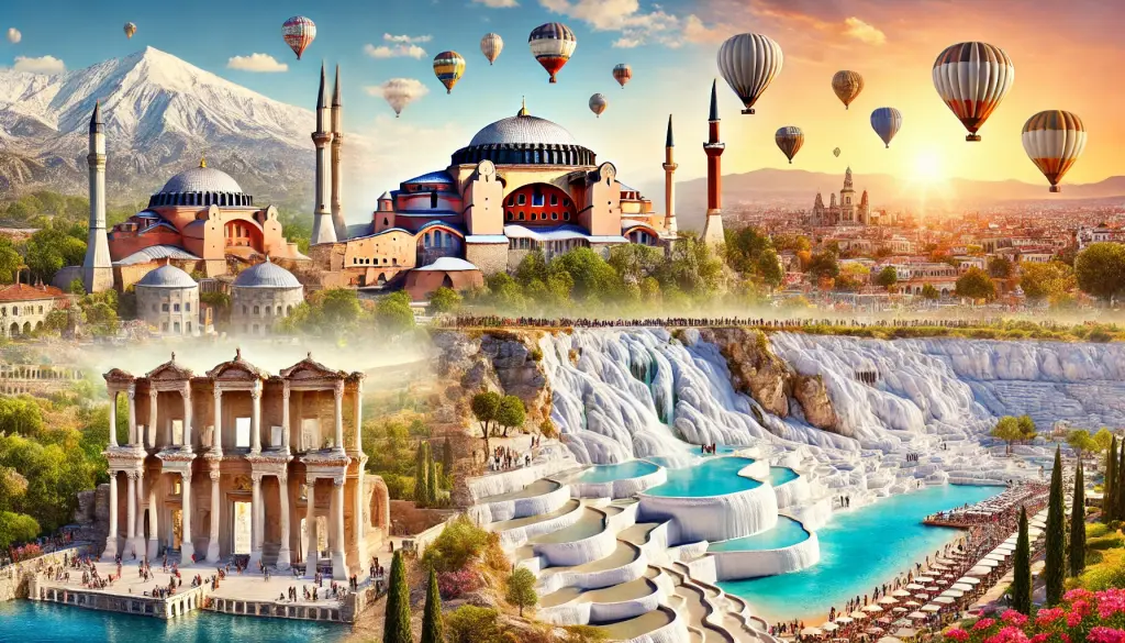 Panoramic view of popular tourist spots in Turkey including Hagia Sophia, Cappadocia, Pamukkale, and Antalya beaches.