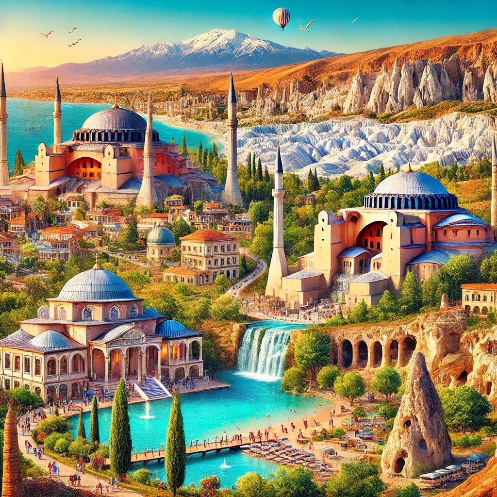 A picturesque view of Turkey's diverse tourist attractions featuring iconic landmarks such as Hagia Sophia, Blue Mosque, Cappadocia's fairy chimneys, Pamukkale's white terraces, and Antalya's Konyaaltı Beach.