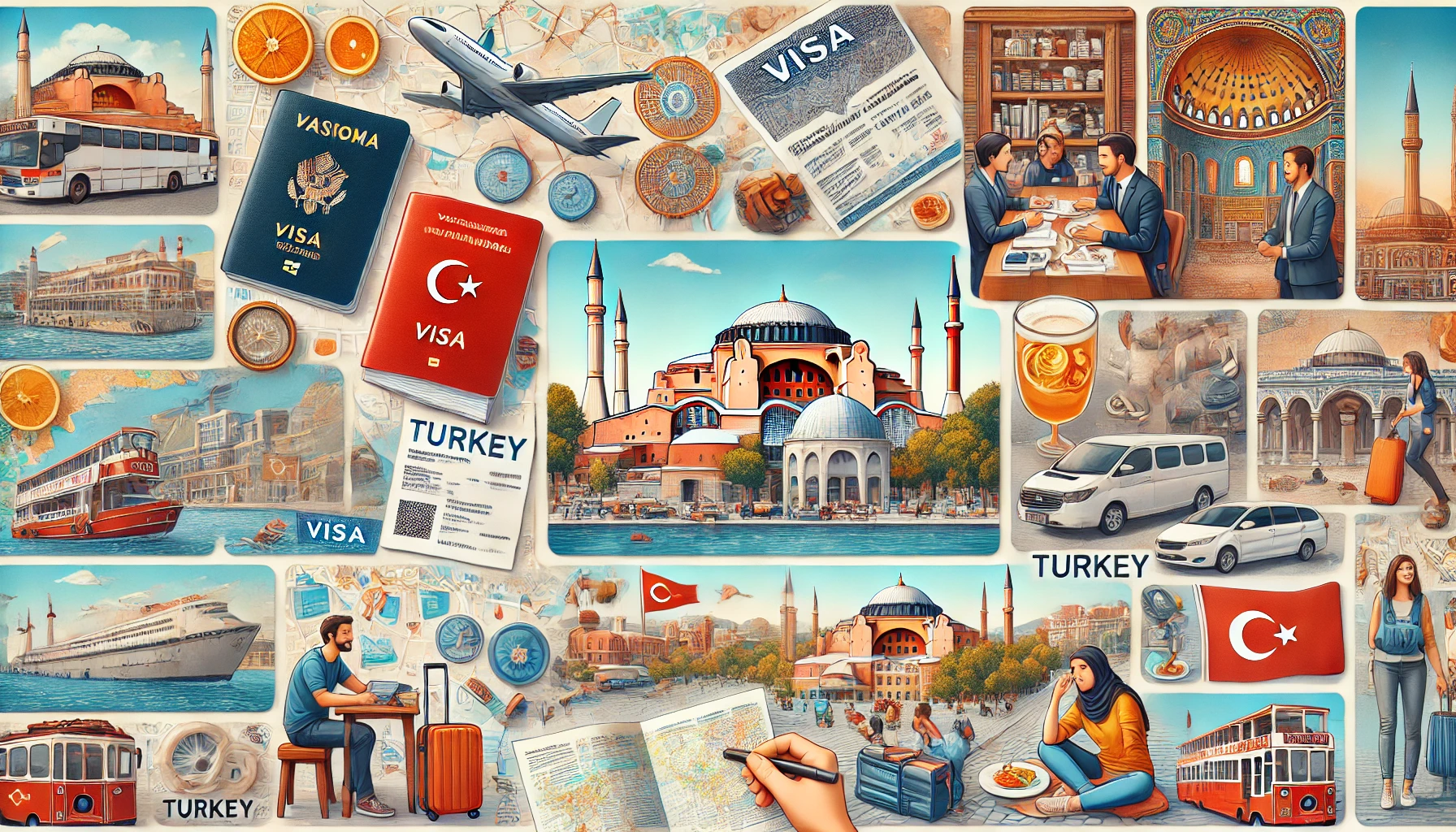 Collage showcasing essential travel information for Turkey, including visa documents, maps, transportation options, cultural landmarks like Hagia Sophia, and travelers exploring various destinations in Turkey.