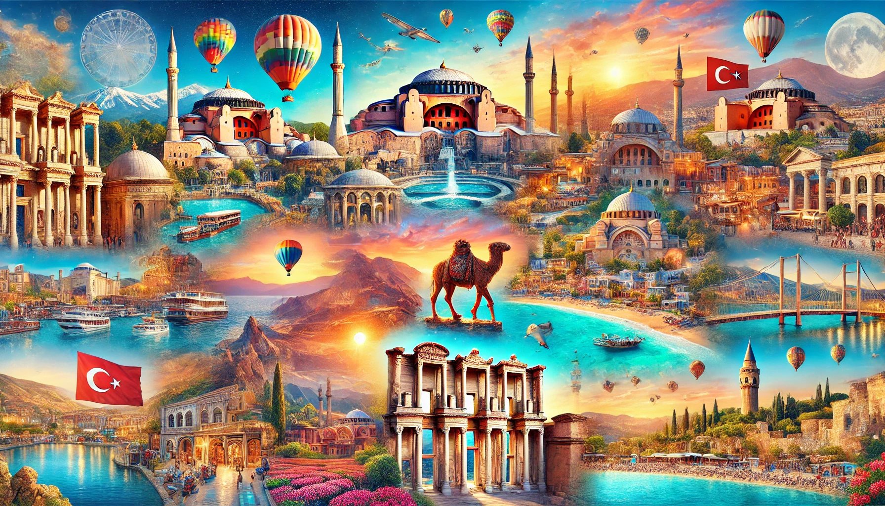 Vibrant collage showcasing top Turkish landmarks like Cappadocia's fairy chimneys, Ephesus ruins, and Pamukkale terraces under a bright blue sky.