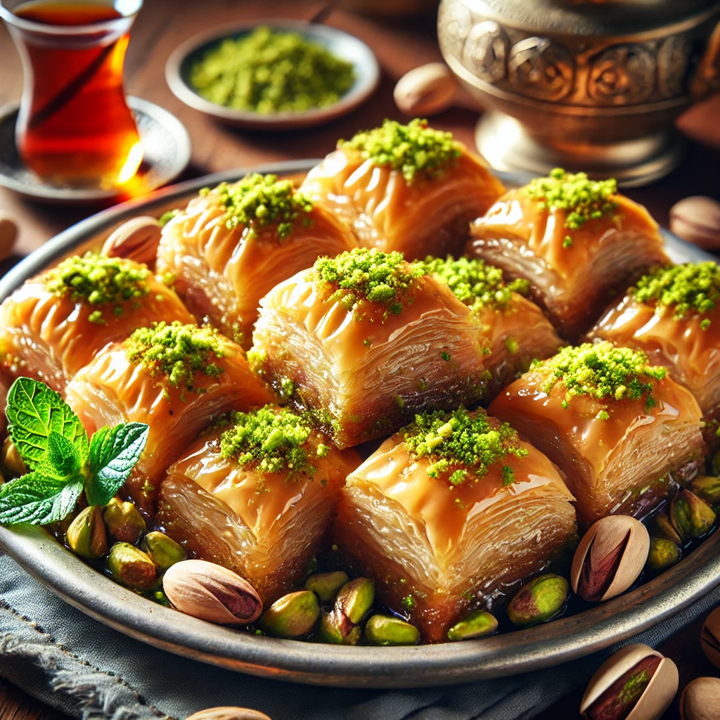 A close-up image of a beautifully arranged plate of baklava. The baklava pieces are golden brown, glistening with syrup, and topped with finely chopped pistachios. The layers of filo dough and chopped nuts are clearly visible. The plate is decorated with a sprig of fresh mint and a few whole pistachios. The background features a traditional Middle Eastern setting with a tea pot and cups.