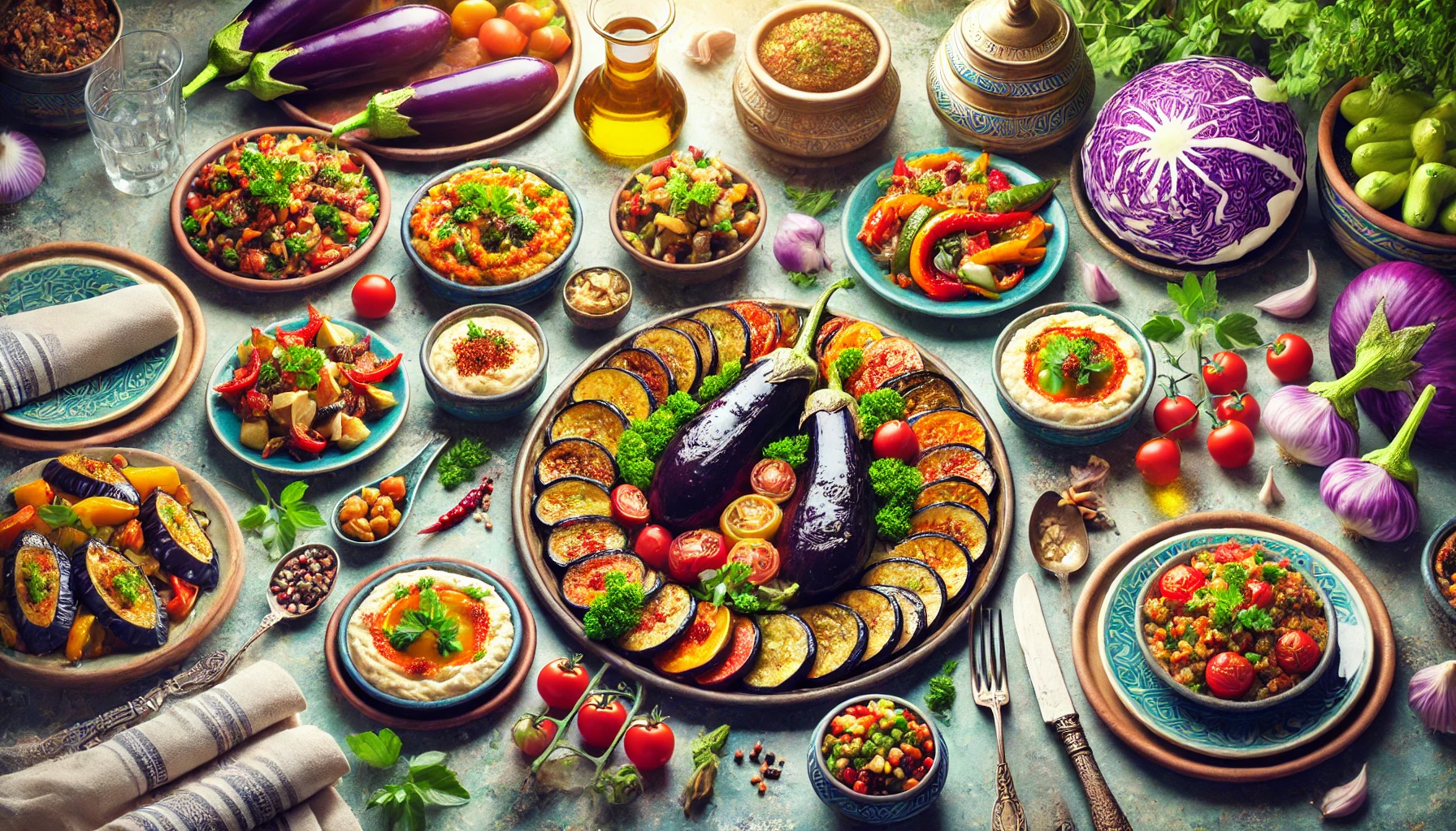 Turkish eggplant dishes on a vibrant Mediterranean table setting