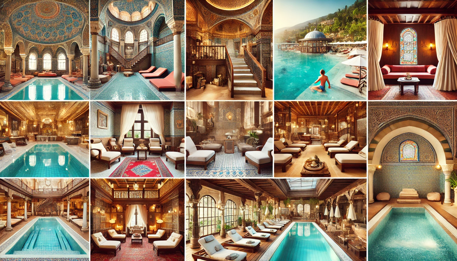 Collage showcasing various Turkish hammams and baths, including luxurious interiors, traditional scrubbing areas, relaxation rooms, and massage services in Istanbul, Antalya, and Alanya.