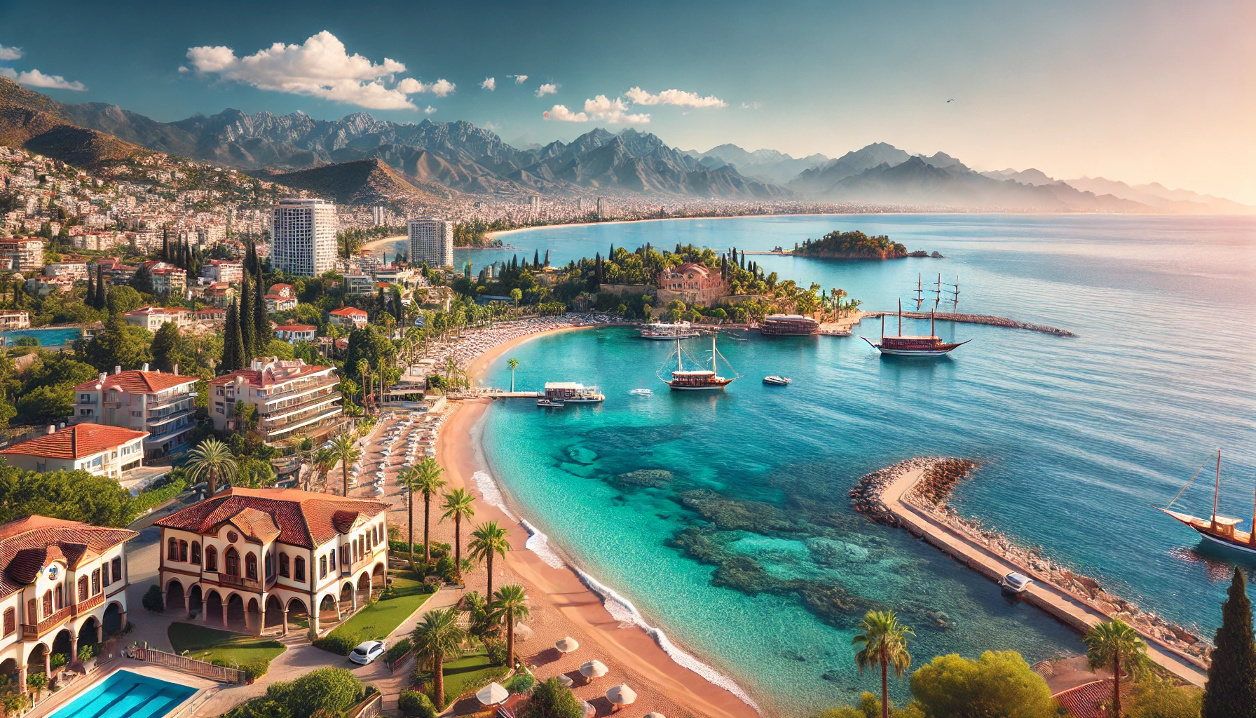 A stunning view of the Turkish Riviera in Turkey, showcasing pristine beaches, luxury resorts, lush green mountains, and a charming harbor in Antalya.