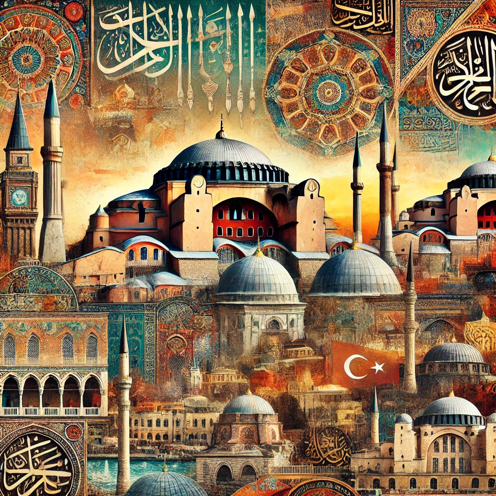 A vibrant collage showcasing the legacy of the Ottoman Turkey Empire, featuring iconic landmarks such as the Hagia Sophia, Topkapi Palace, the Blue Mosque, traditional Ottoman architecture, and cultural elements like Ottoman calligraphy, intricate tile patterns, and scenic views of Istanbul.