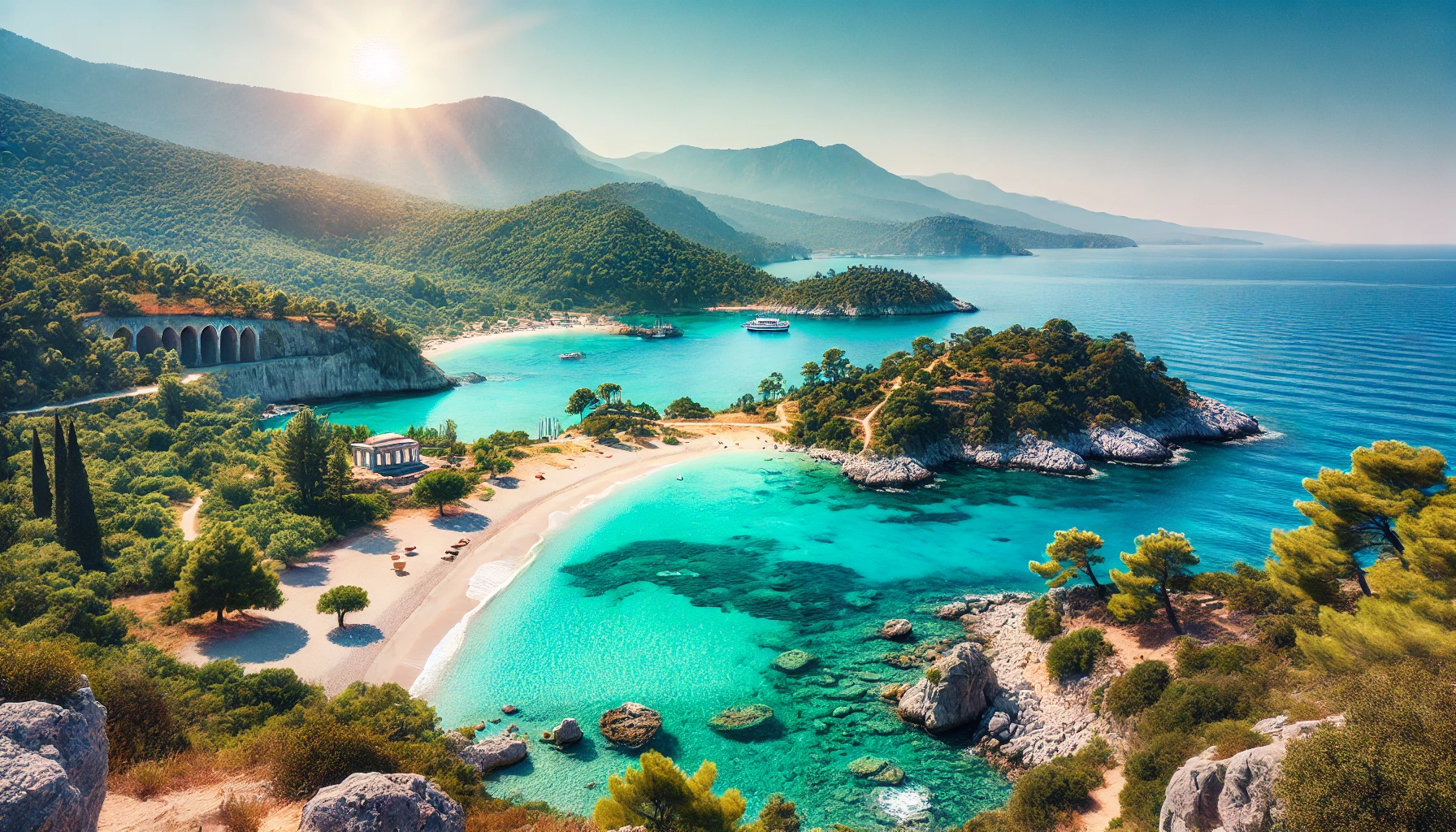 A stunning view of the Turquoise Coast in Turkey featuring pristine beaches, crystal-clear blue waters, lush green forests, and ancient ruins.