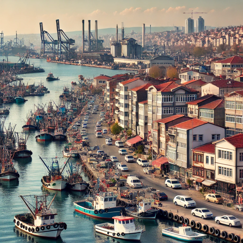 A scenic view of Tuzla, Istanbul, Turkey, showing the bustling coastline with fishing boats, modern residential buildings, and shipyards in the background.