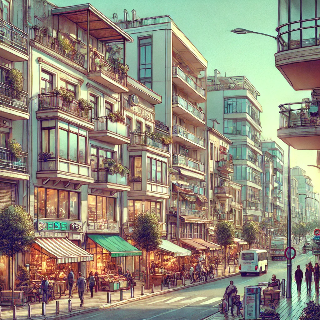 A bustling street scene in Ümraniye, Istanbul, Turkey, showcasing a mix of modern buildings and traditional shops. People are walking along the sidewalks, and the street is lined with cafes and local markets.