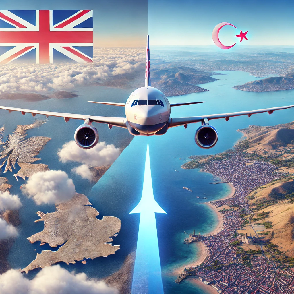 Airplane flying from the United Kingdom to Turkey with a scenic view below. Title: United Kingdom to Turkey Flight