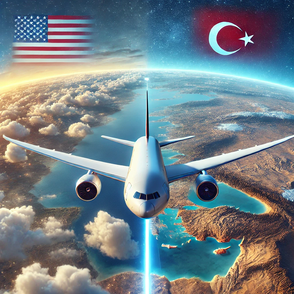 Airplane flying from the United States to Turkey with a scenic view below.