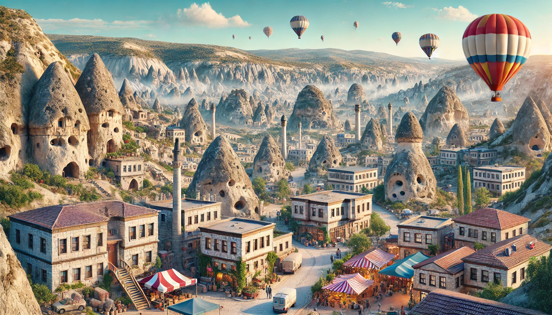 Unique landscape of Ürgüp, Nevşehir with fairy chimneys, cave dwellings, rock formations, traditional stone houses, narrow streets, vibrant market areas, and hot air balloons.