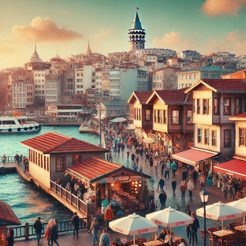 A vibrant scene in Üsküdar, Istanbul, Turkey, showing the bustling waterfront with people walking along the promenade, traditional wooden houses, and cafes. The iconic Maiden's Tower is visible in the distance on the Bosphorus.