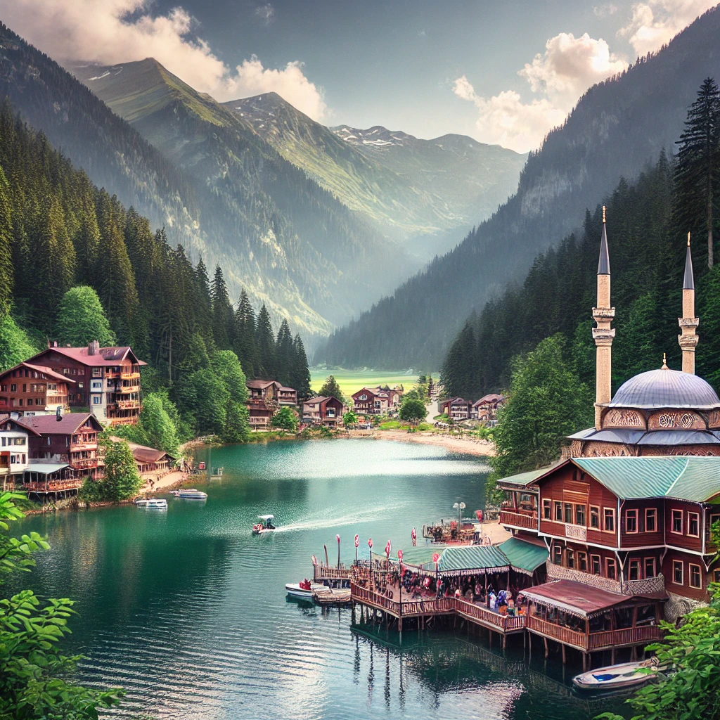 Picturesque view of Uzungöl in Turkey, showcasing the tranquil lake surrounded by lush green forests and towering mountains, with traditional wooden houses and the Uzungöl Mosque near the lake's edge.