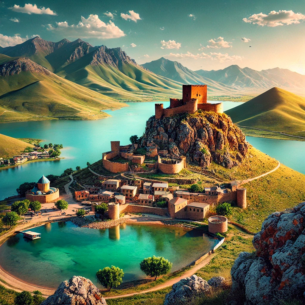 A picturesque view of Van, Turkey, showcasing the ancient Van Castle near the serene Lake Van.